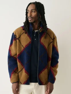Next Zip Through Printed Fleece Navy Blue/Tan Brown Argyle New