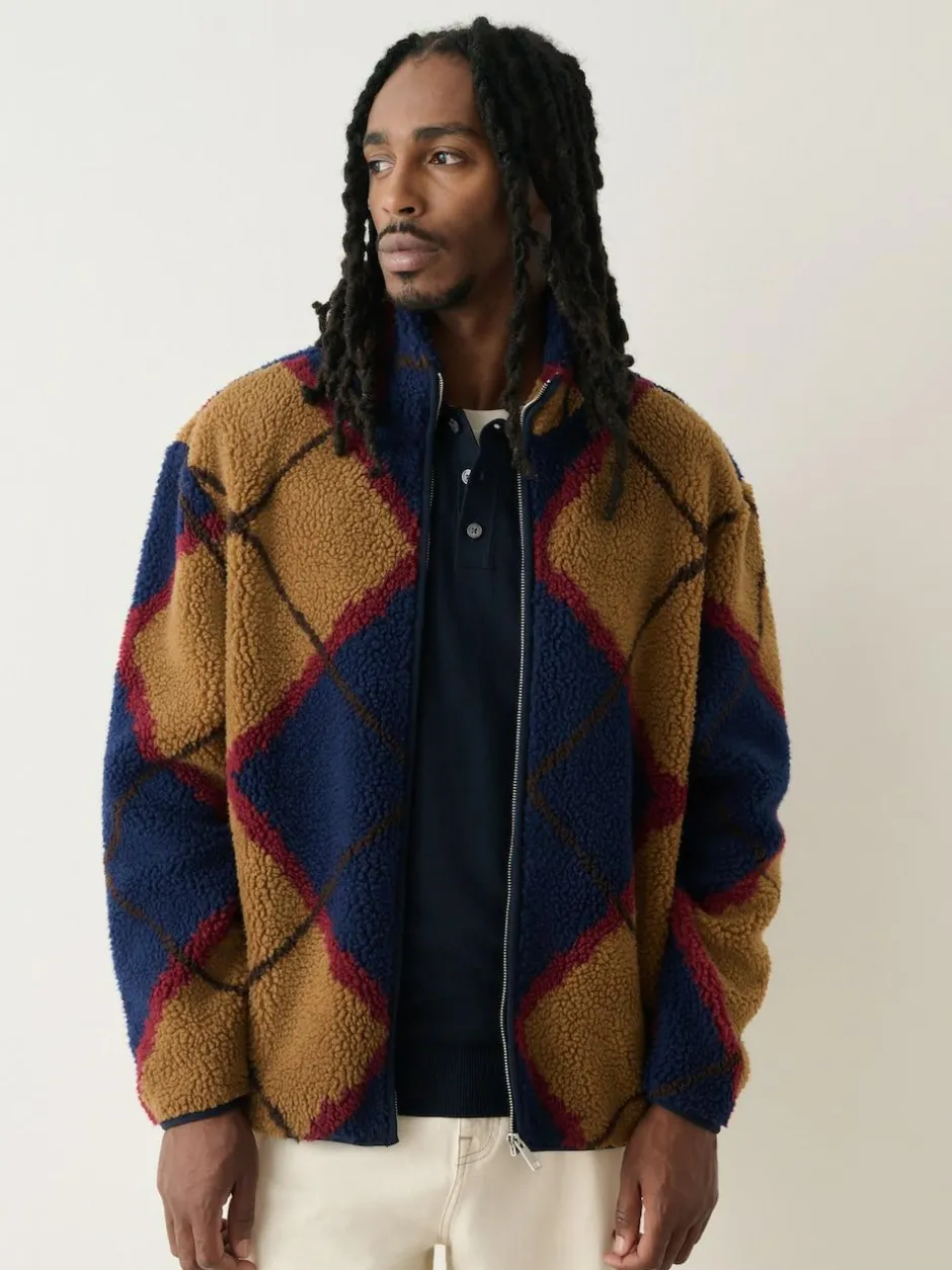 Next Zip Through Printed Fleece Navy Blue/Tan Brown Argyle New