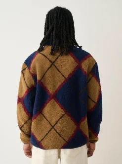 Next Zip Through Printed Fleece Navy Blue/Tan Brown Argyle New