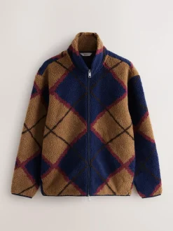 Next Zip Through Printed Fleece Navy Blue/Tan Brown Argyle New