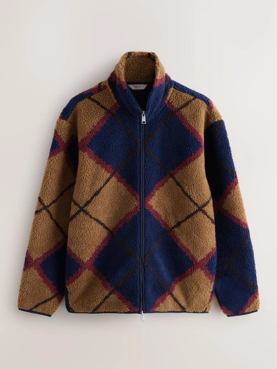 Next Zip Through Printed Fleece Navy Blue/Tan Brown Argyle New