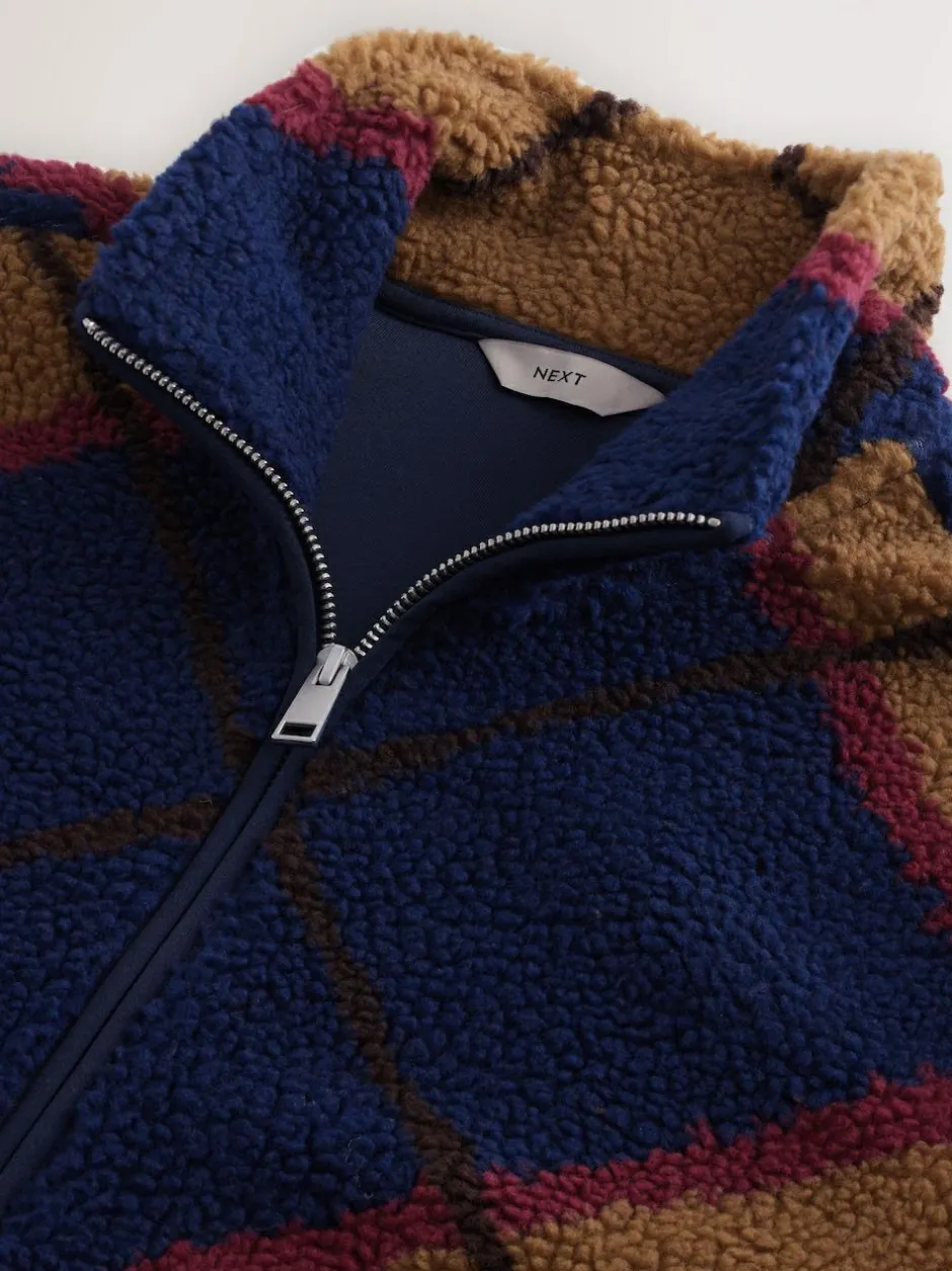 Next Zip Through Printed Fleece Navy Blue/Tan Brown Argyle New