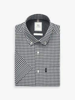 Next Navy Blue/White Gingham Check Easy Iron Button Down Short Sleeve Oxford Shirt