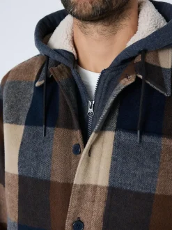 Next Navy Borg Lined Check Hooded Shacket Hot