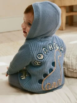 Next Navy Dinosaur Print Embroidered Baby Knitted Hooded Cardigan (0mths-2yrs) Clearance