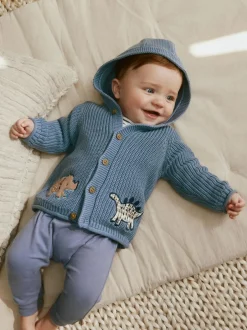 Next Navy Dinosaur Print Embroidered Baby Knitted Hooded Cardigan (0mths-2yrs) Clearance