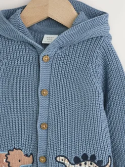 Next Navy Dinosaur Print Embroidered Baby Knitted Hooded Cardigan (0mths-2yrs) Clearance