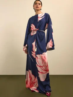 Next Twist Front Long Sleeve Satin Maxi Dress Navy Floral Hot