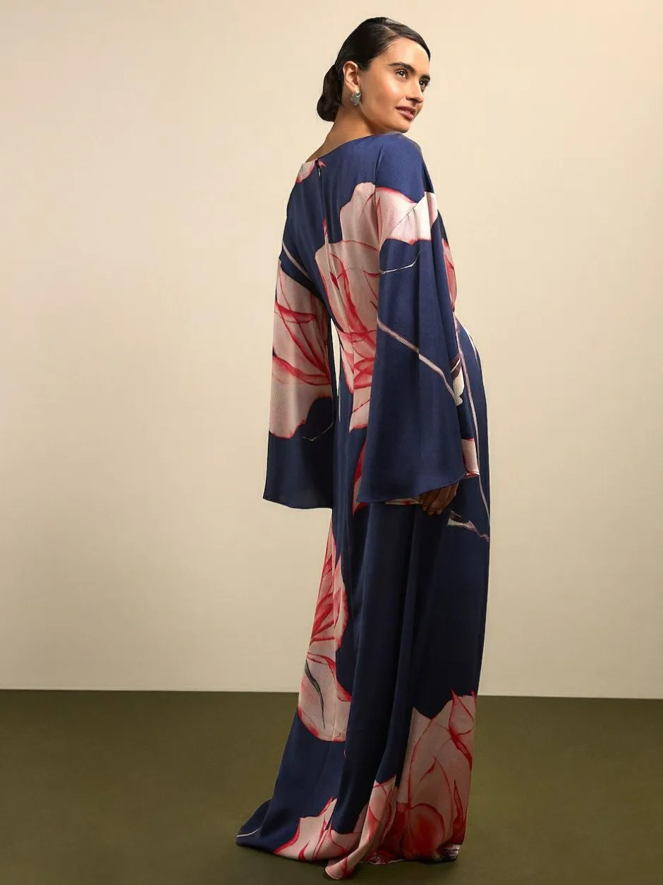 Next Twist Front Long Sleeve Satin Maxi Dress Navy Floral Hot