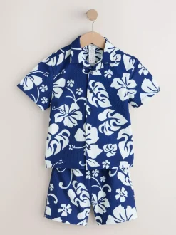 Next Swim Shorts and Shirt Set (3-16yrs) Navy Hawaiian Print Clearance
