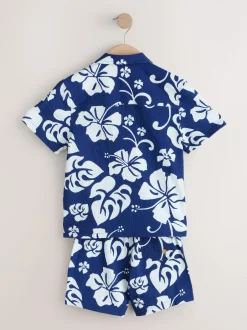 Next Swim Shorts and Shirt Set (3-16yrs) Navy Hawaiian Print Clearance