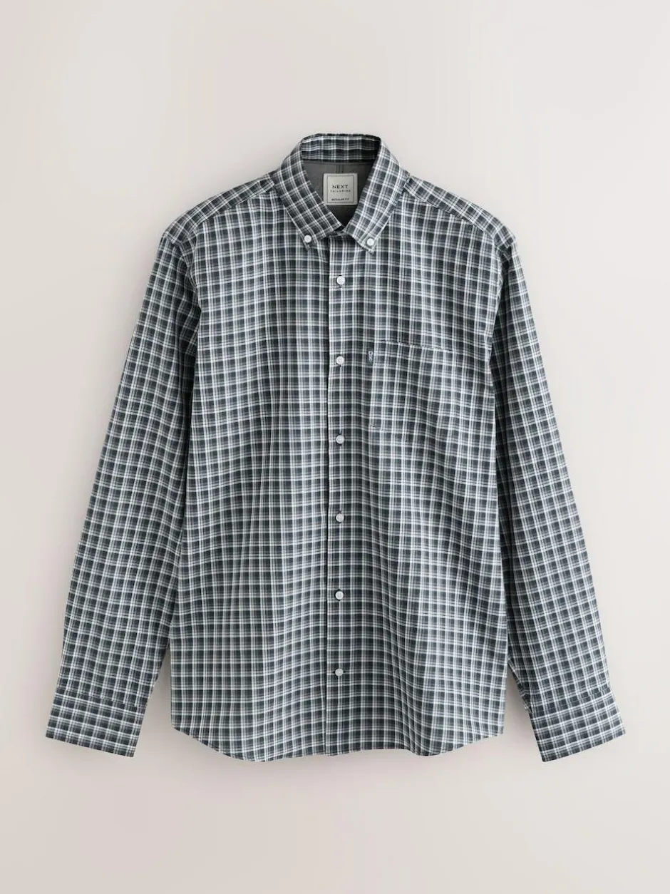 Next Navy Micro Check Regular Fit Easy Iron Button Down Oxford Shirt Clearance
