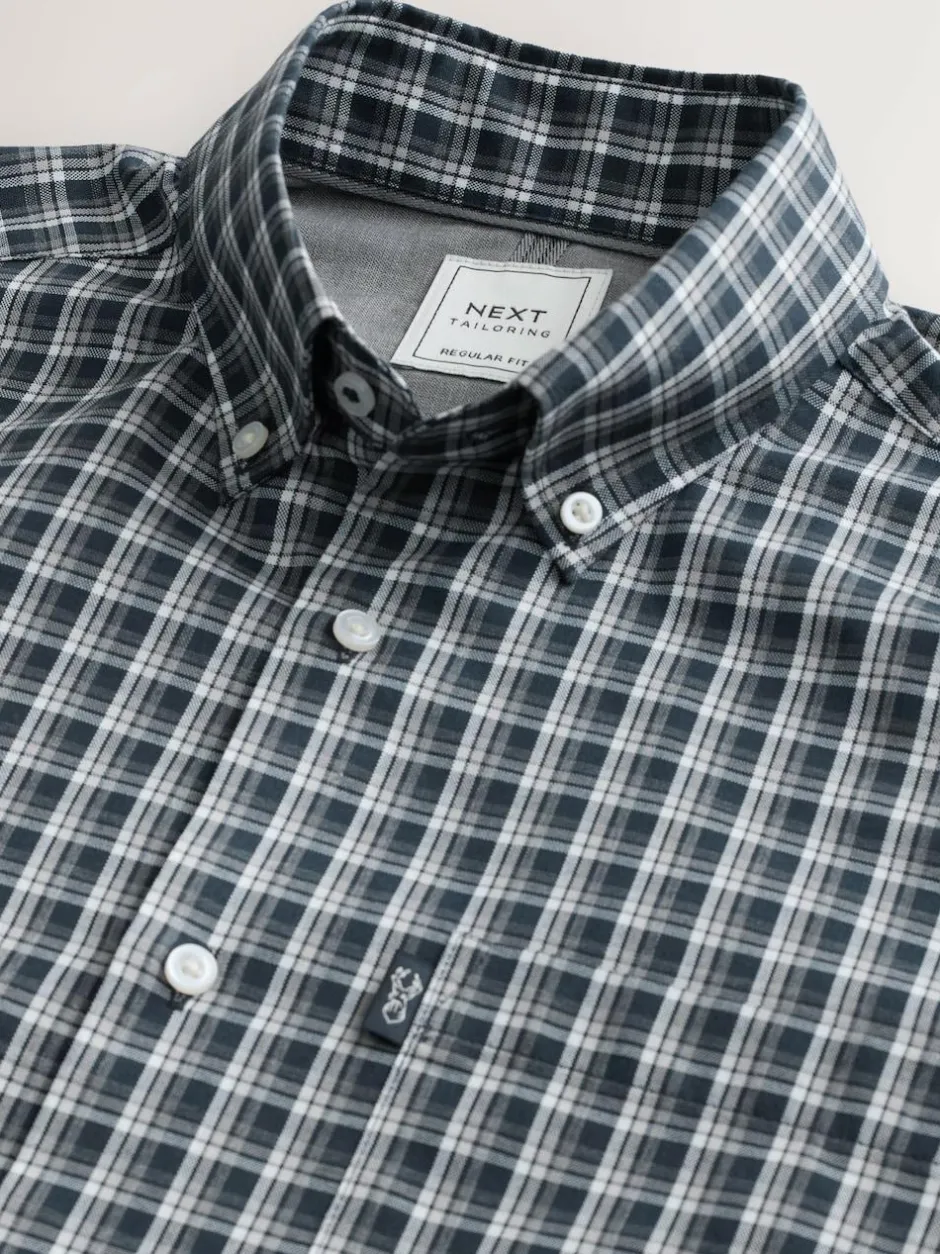 Next Navy Micro Check Regular Fit Easy Iron Button Down Oxford Shirt Clearance