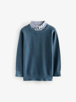 Next Mock Gingham Shirt and Crew Neck 100% Cotton Jumper (3-16yrs) Navy Sale