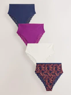 Next Navy Paisley High Rise High Leg Cotton Lace Knickers 4 Pack Best