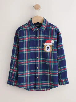 Next Long Sleeve Christmas Check Shirt (3mths-10yrs) Navy Red Outlet