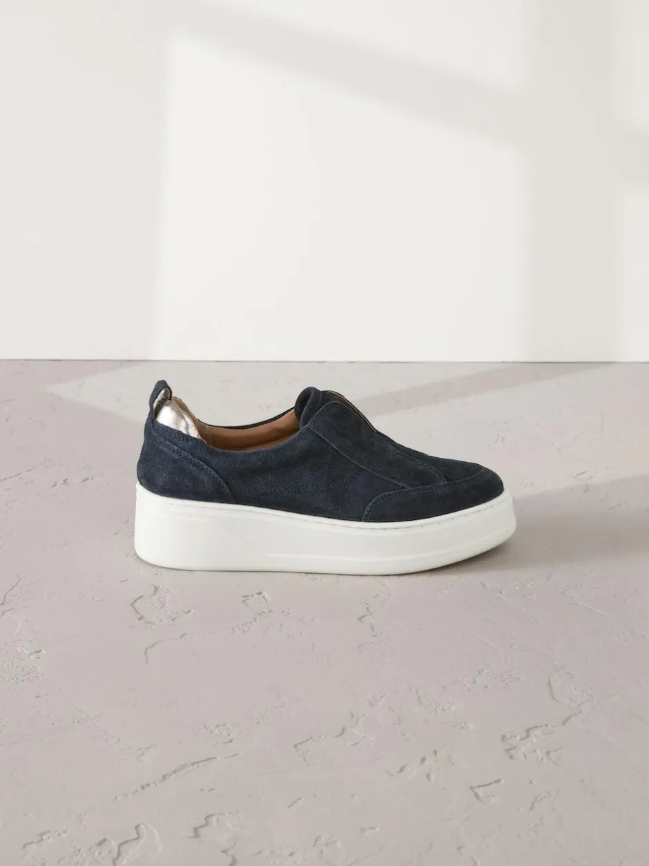 Next Slip On Signature Leather Chunky Wedge Platform Trainers Navy New