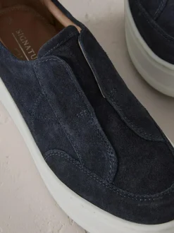 Next Slip On Signature Leather Chunky Wedge Platform Trainers Navy New