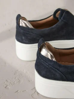 Next Slip On Signature Leather Chunky Wedge Platform Trainers Navy New