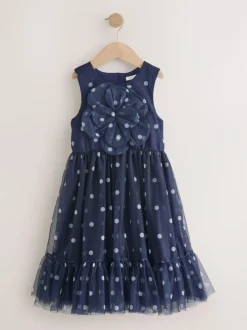 Next Flower Corsage Mesh Occasion Dress (3-16yrs) Navy Spot Sale