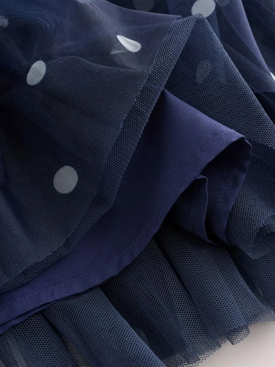 Next Flower Corsage Mesh Occasion Dress (3-16yrs) Navy Spot Sale