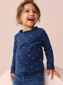 Next Navy Spot Long Sleeve Pointelle T-Shirt (3mths-7yrs) New