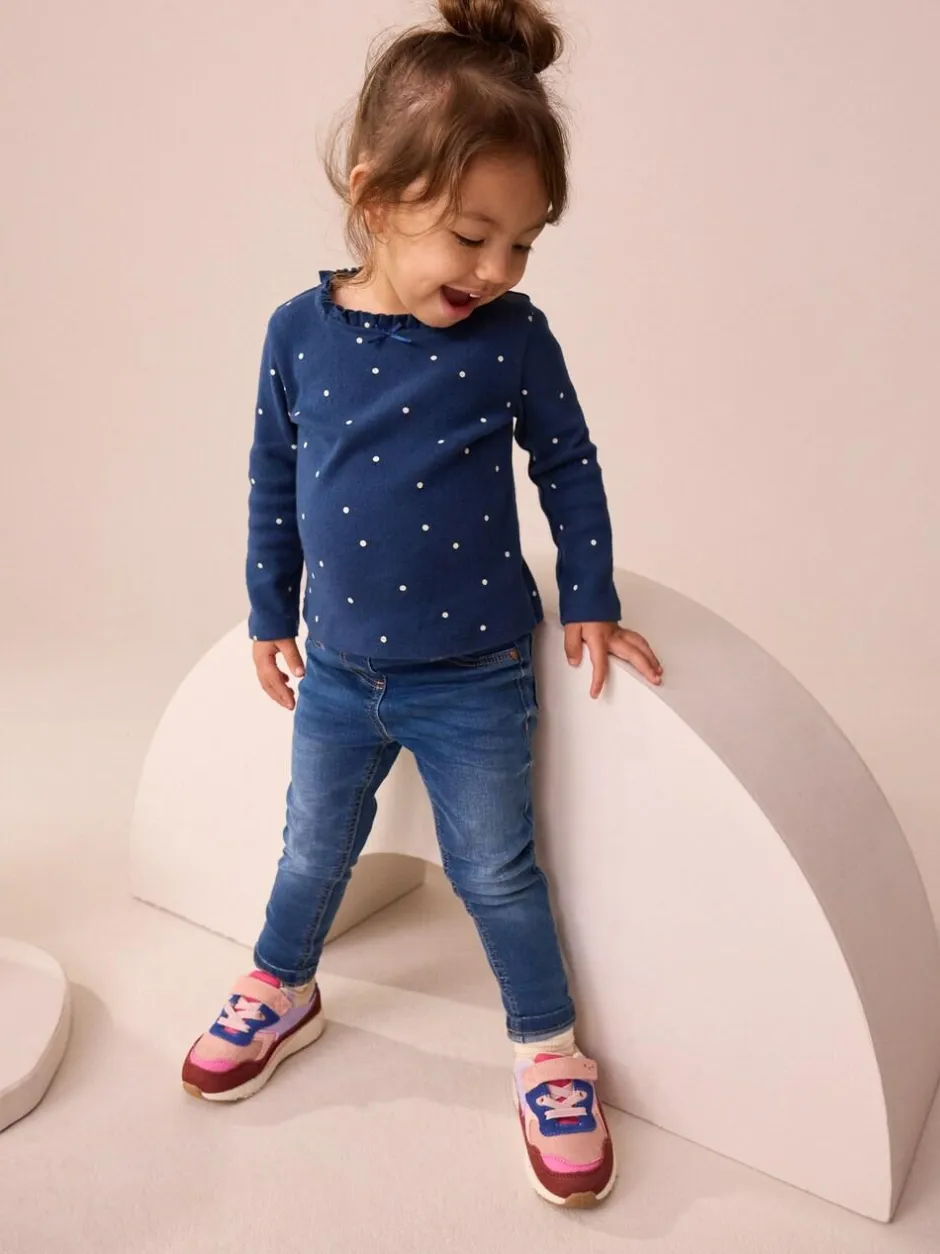 Next Navy Spot Long Sleeve Pointelle T-Shirt (3mths-7yrs) New