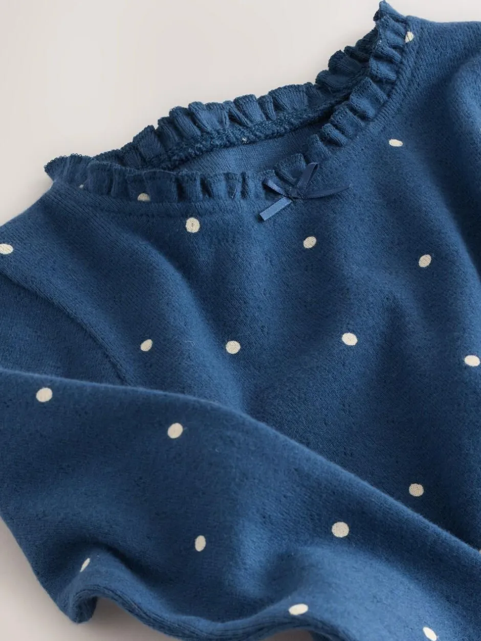 Next Navy Spot Long Sleeve Pointelle T-Shirt (3mths-7yrs) New