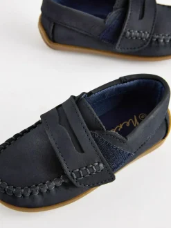 Next Standard Fit (F) Leather Penny Loafers with Touch and Close Fastening Navy Sale
