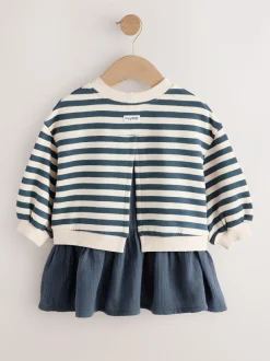 Next Mesh Skirt Sweat Dress (3mths-7yrs) Navy Striped New