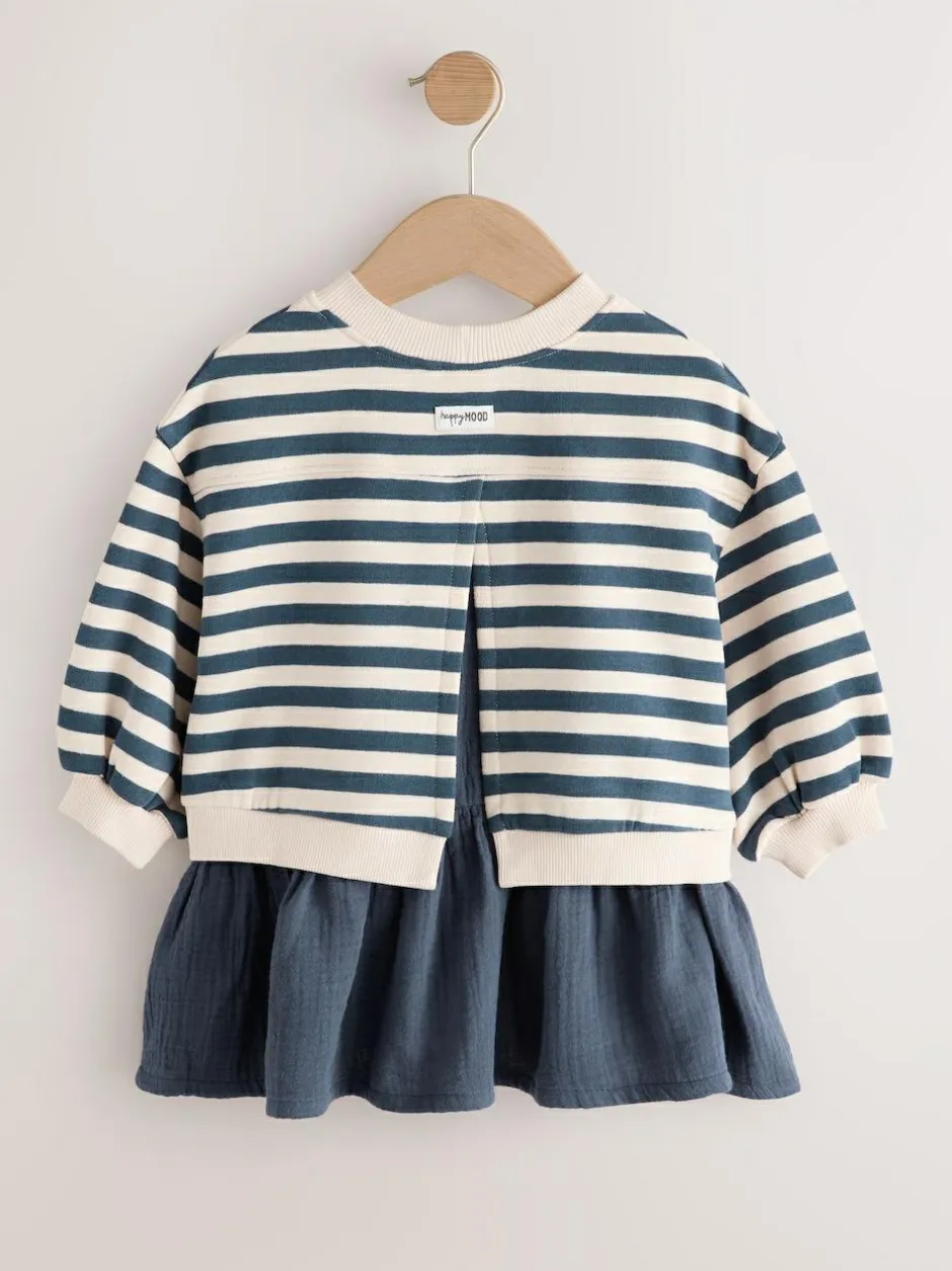 Next Mesh Skirt Sweat Dress (3mths-7yrs) Navy Striped New