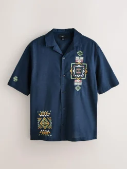Next Textured Embroidered Navajo Style Short Sleeve Shirt Navy Sale