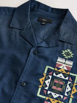 Next Textured Embroidered Navajo Style Short Sleeve Shirt Navy Sale