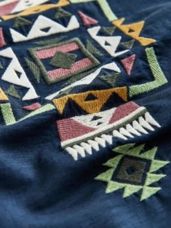 Next Textured Embroidered Navajo Style Short Sleeve Shirt Navy Sale