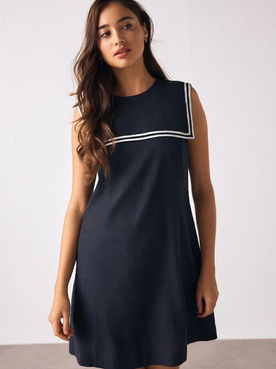 Next Navy with Ecru Tipping Sailor Collar Mini Dress with Linen Clearance