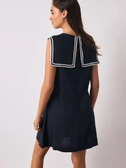 Next Navy with Ecru Tipping Sailor Collar Mini Dress with Linen Clearance