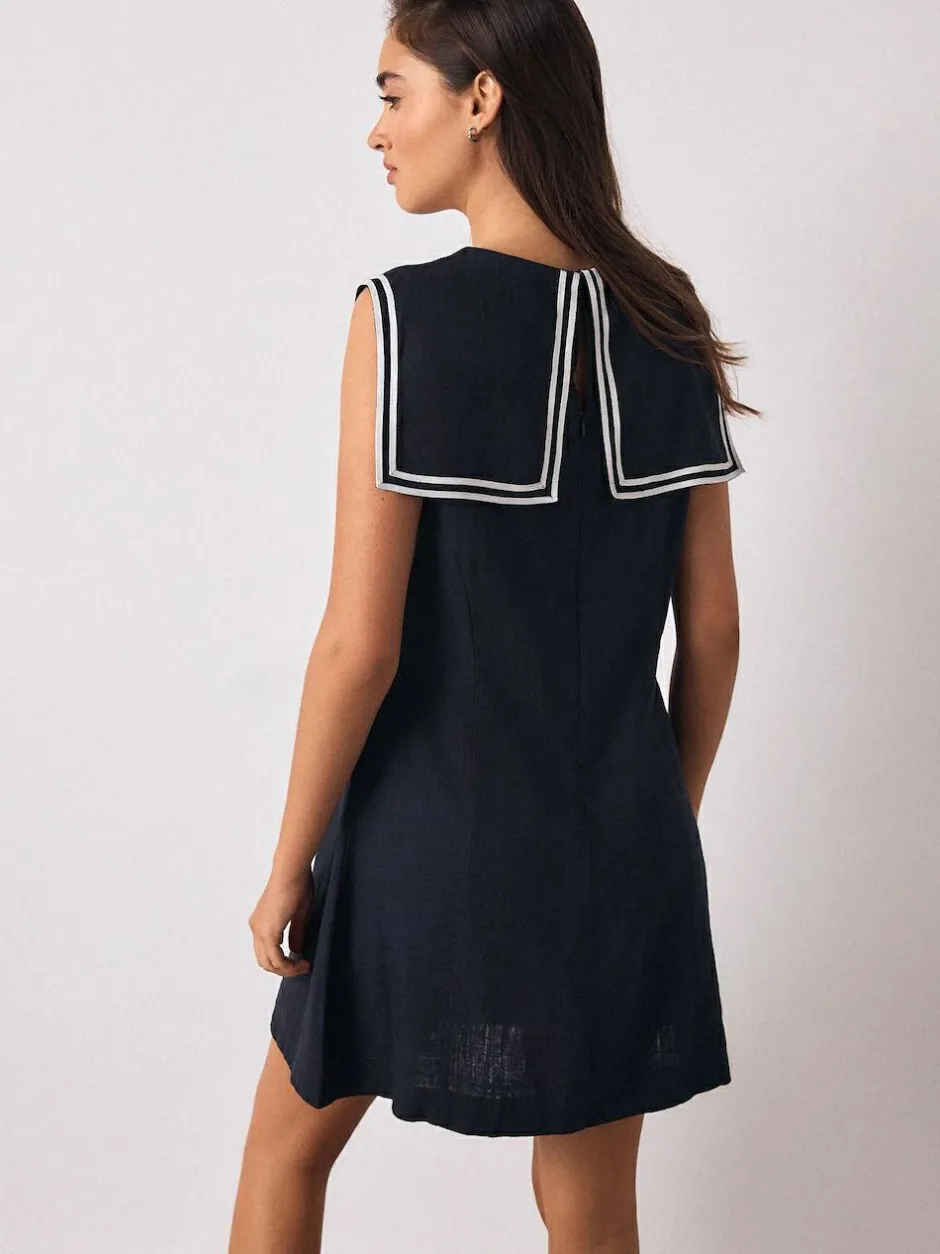 Next Navy with Ecru Tipping Sailor Collar Mini Dress with Linen Clearance