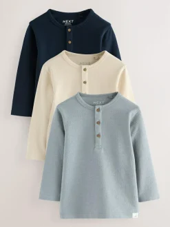 Next Navy/Blue/Stone Long Sleeve Henley T-Shirts 3 Pack (3mths-7yrs) New