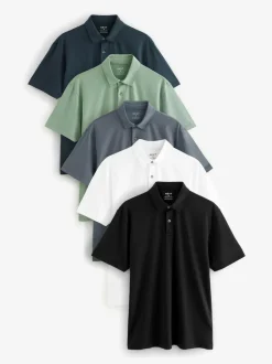 Next Navy/Brown/Grey/White/Sage Green Regular Fit Short Sleeve Jersey Polo Shirts 5 Pack Sale