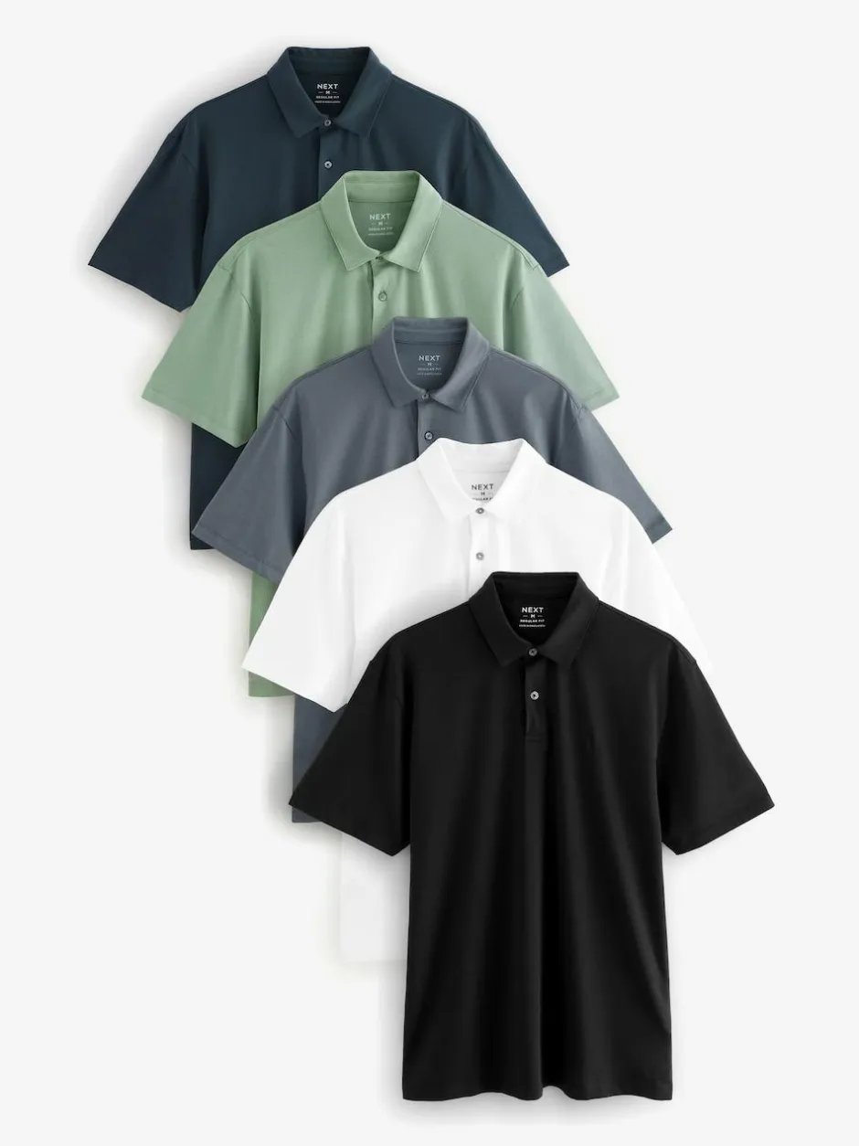 Next Navy/Brown/Grey/White/Sage Green Regular Fit Short Sleeve Jersey Polo Shirts 5 Pack Sale