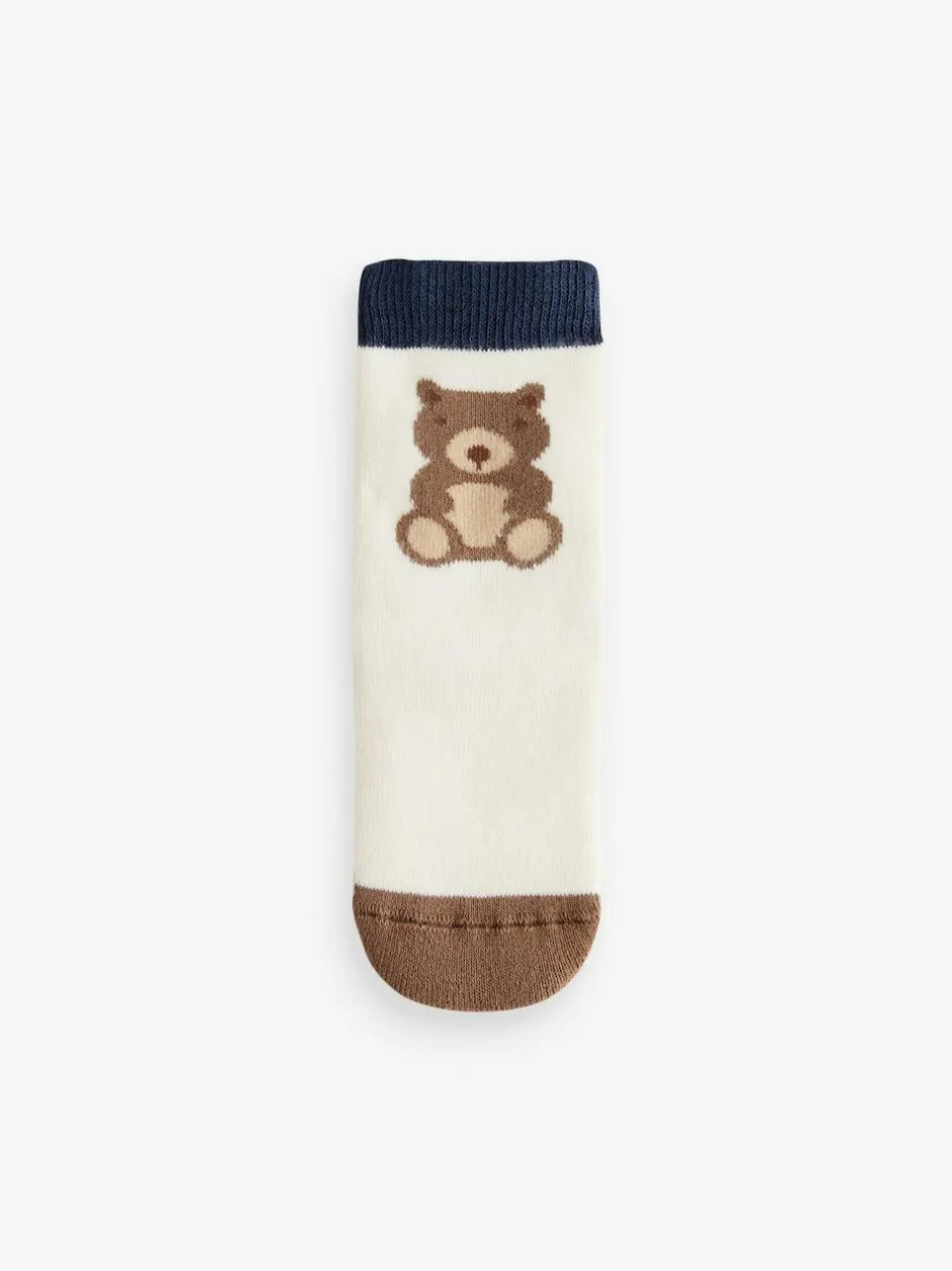 Next Navy/Ecru Bear Cosy Terry Cotton Rich Socks 5 Pack New