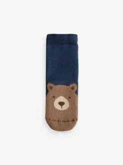 Next Navy/Ecru Bear Cosy Terry Cotton Rich Socks 5 Pack New