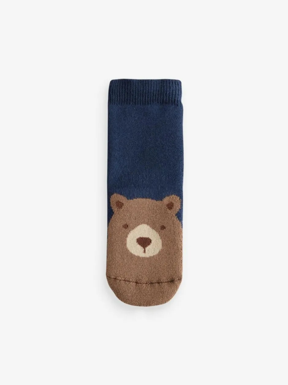 Next Navy/Ecru Bear Cosy Terry Cotton Rich Socks 5 Pack New