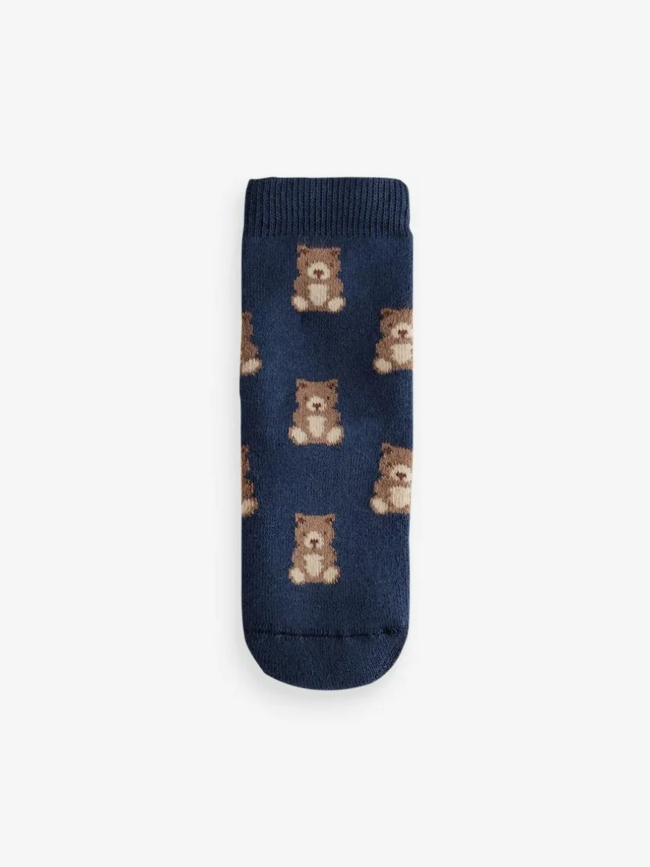 Next Navy/Ecru Bear Cosy Terry Cotton Rich Socks 5 Pack New