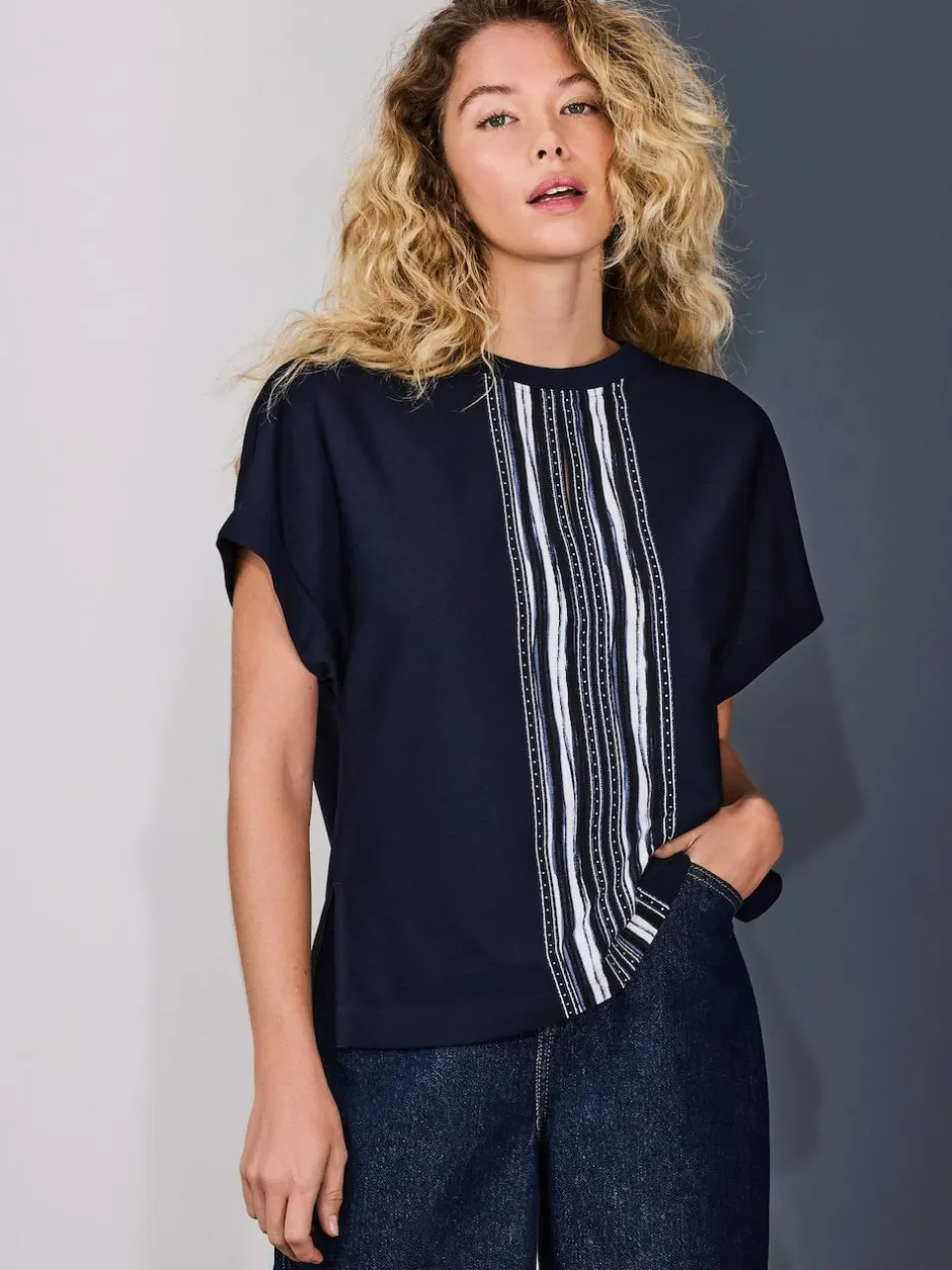 Next Short Sleeve Keyhole Crew Neck Top Navy/Ecru Stripe New