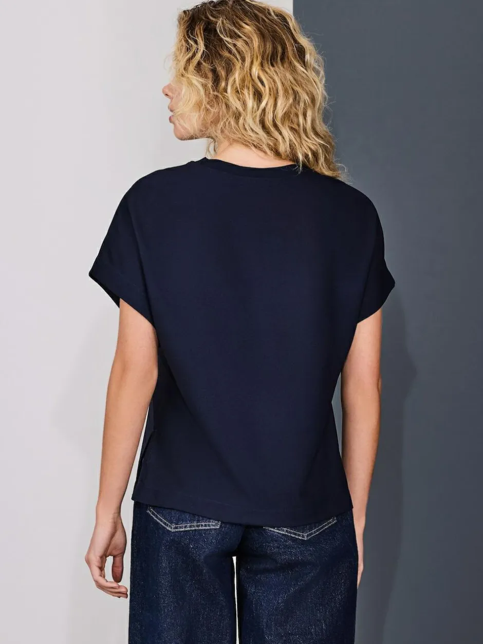 Next Short Sleeve Keyhole Crew Neck Top Navy/Ecru Stripe New