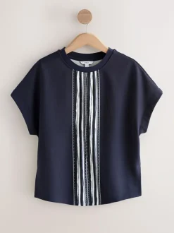 Next Short Sleeve Keyhole Crew Neck Top Navy/Ecru Stripe New