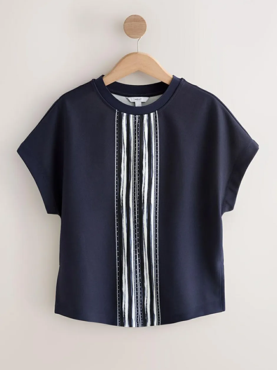 Next Short Sleeve Keyhole Crew Neck Top Navy/Ecru Stripe New