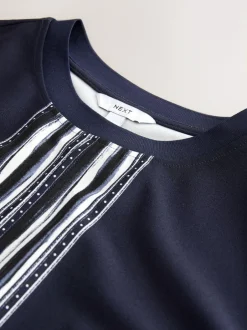 Next Short Sleeve Keyhole Crew Neck Top Navy/Ecru Stripe New