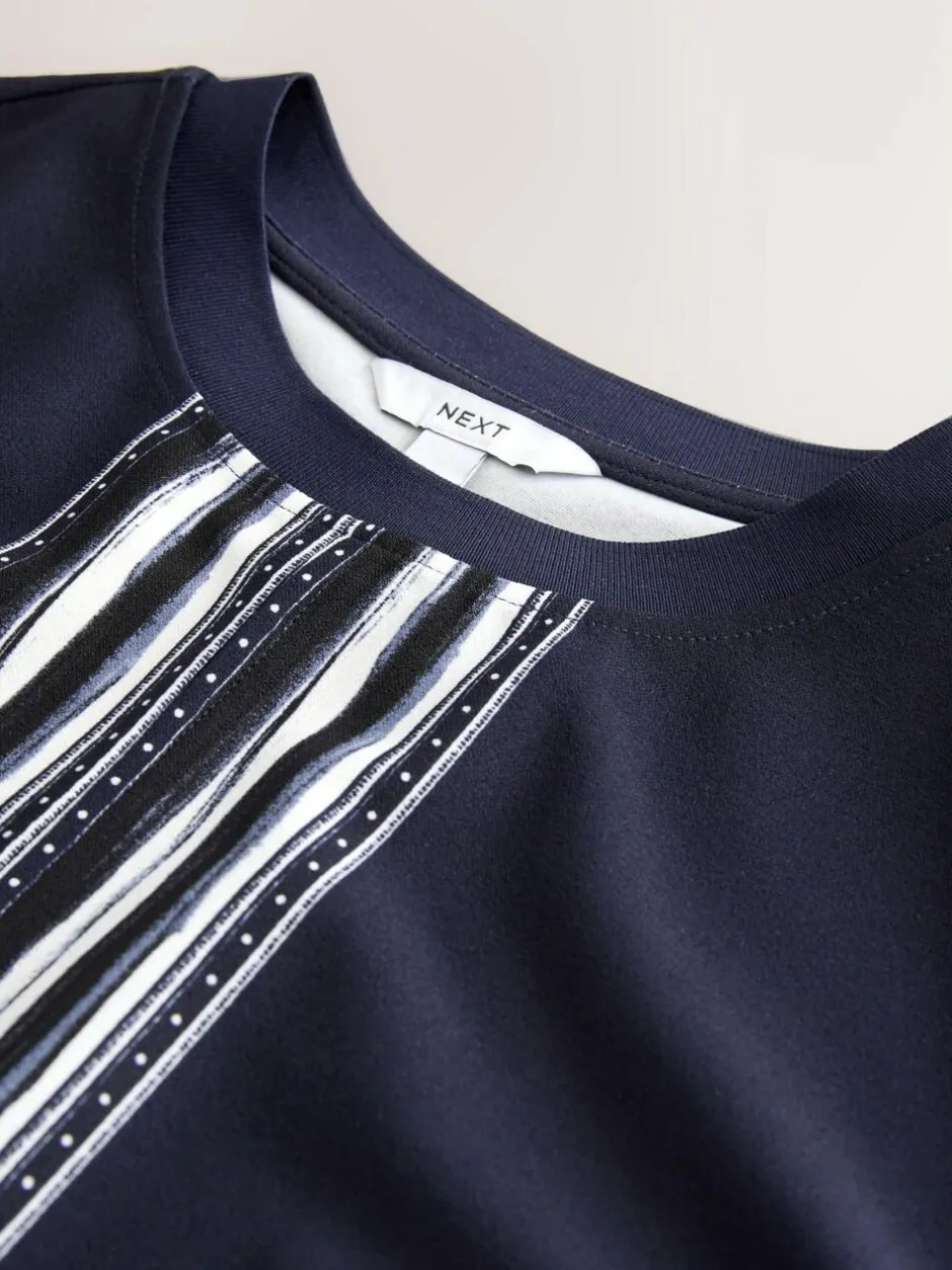 Next Short Sleeve Keyhole Crew Neck Top Navy/Ecru Stripe New